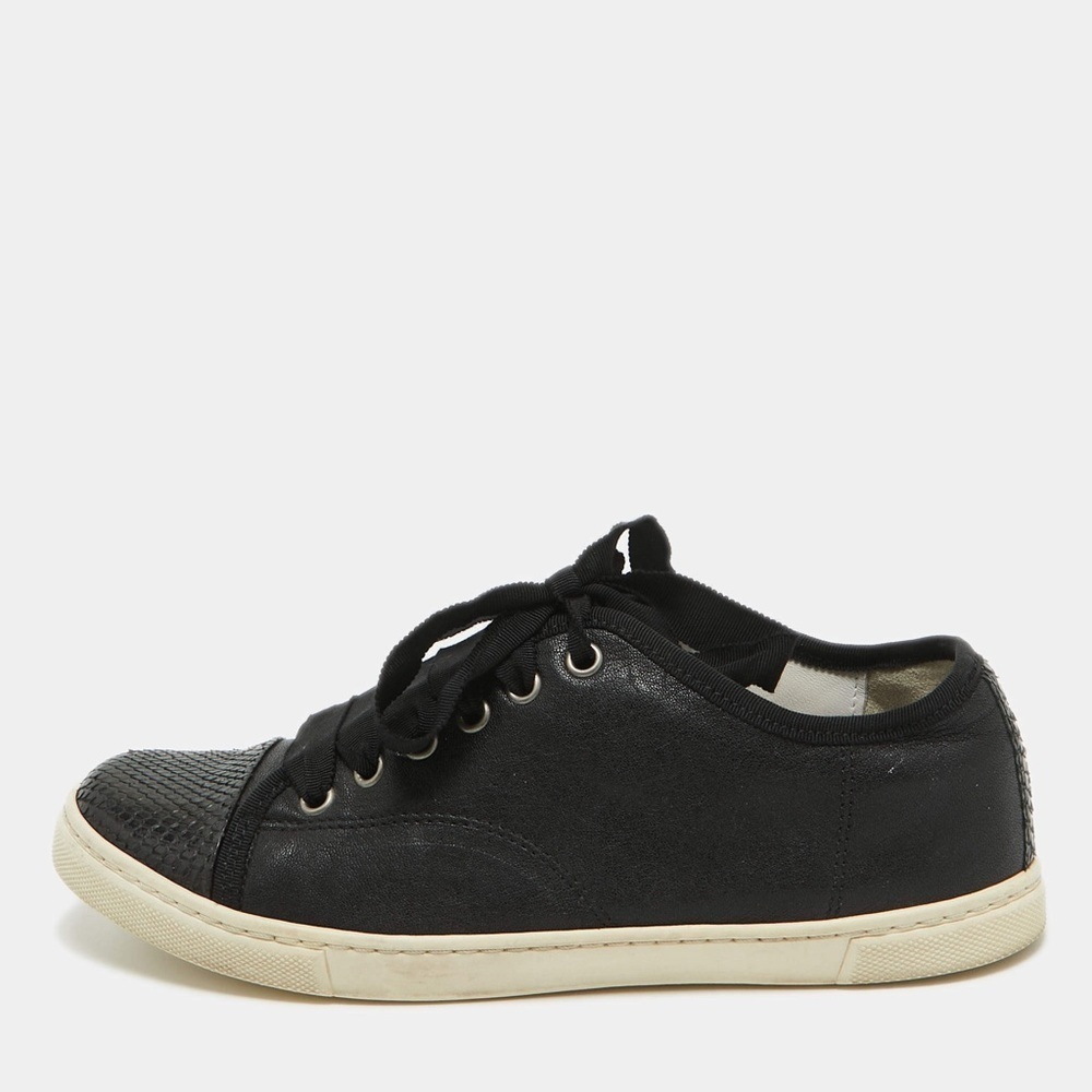 Lanvin Black Leather and Snakeskin Cap Toe Low Top Sneakers Size 38